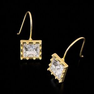 Square Faux Diamond Drop Stud Earrings Gold Tone